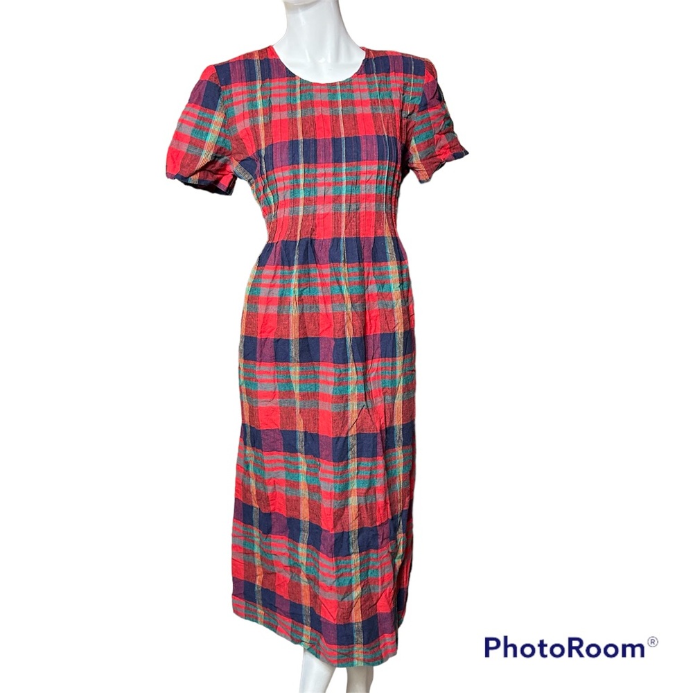 Vintage Plaid Christmas Dress Womens size 10 Red Green Long 90s Holiday Linen